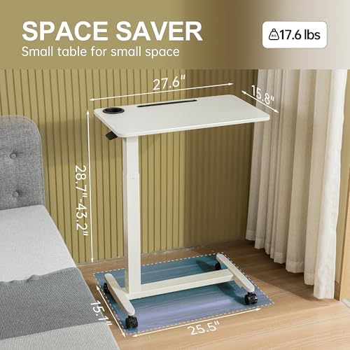 Height Adjustable Overbed Table with Wheels, Rolling Laptop Standing Desk, Portable Bedside Tables with Slot, Cup Holder, Mobile Pneumatic Computer Cart, White