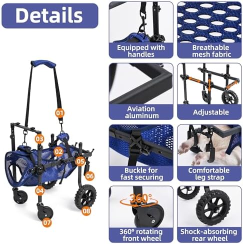 ETIAL 4-Wheel Adjustable Dog Wheelchair Cart for Disabled & Senior Dogs, Lifting Harness with 4 Usage Modes - Support Front/Rear Legs Mobility Aid for Small Breeds S