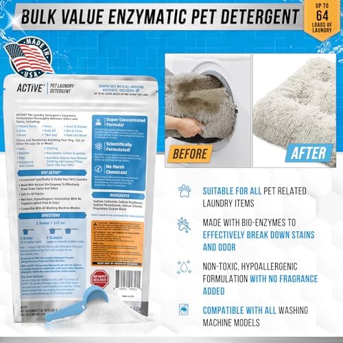 Pet Laundry Detergent Odor Remover - ACTIVE Enzyme Based Powder Detergent for Dogs Beds, Cat Pee, HE Washer Friendly Natural Enzymatic Deodorizer, Urine, Smell, Dog Drool, Stain Eliminator - 64 Loads