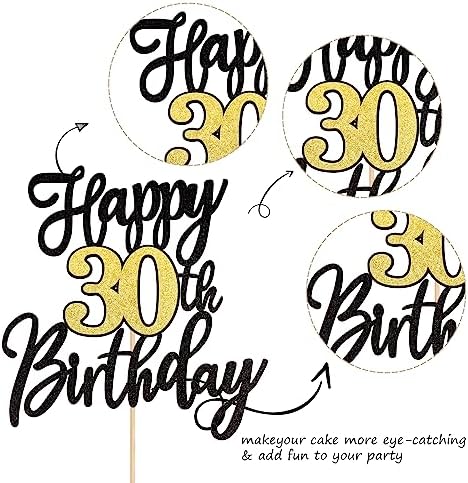 1 PCS Happy 30th Birthday Cake Topper Black Gold Glitter Cheers to 30 Years Birthday Cake Pick 30 Fabulous Cake Decoration for Happy 30th Birthday Anniversary Party Cake Decorations Supplies