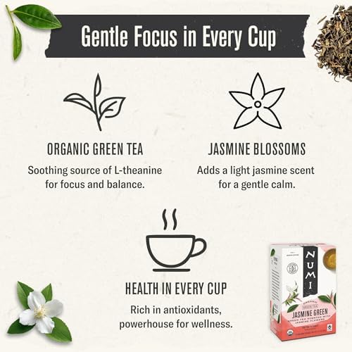 Numi Organic Green Tea with Jasmine, 54 Green Tea Bags Scented with Real Jasmine Flowers, Micro-Plastic Free Compostable Bags