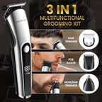 PRITECH Beard Trimmer for Men, 3 in 1 Hair Clippers for Men Kit, Nose,Ear,Micro Electric Shaver, Mens Grooming Set Cordless with LED Display IPX6 Waterproof (Silver)