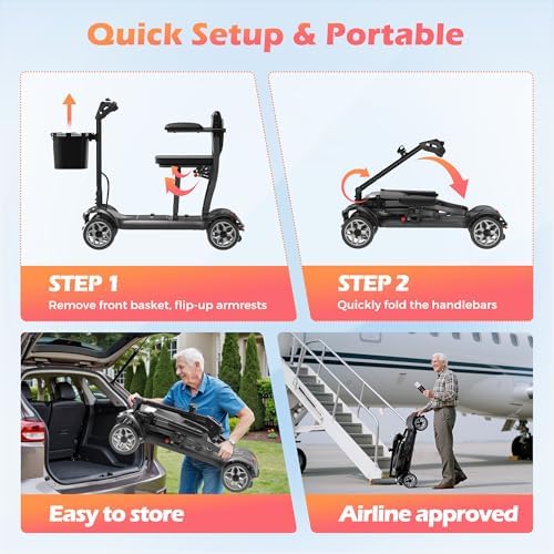 Lightweight Mobility Scooter for Adults & Seniors - Cruise & Airport Approved, 43lb Foldable Portable Motorized Scooters with Removable Lithium Battery for 12.4 Miles Travel, 300lb Capacity, Black