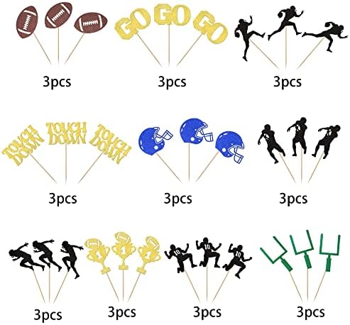 30 Pack American Football Cupcake Toppers Football Touchdown Cupcake Picks Soccer Player Cupcake Decorations for Super Rugby Sports Theme Men Boys Birthday Party Supplies
