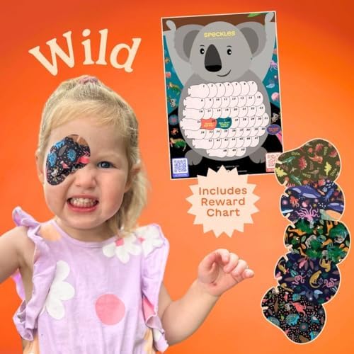 HIDE&SEE Speckles Kids Eye Patches (Wild Pack) Fun & Comfortable Hypoallergenic Patches for Amblyopia Treatment for Boys & Girls Includes Reward Chart (50 Pack)