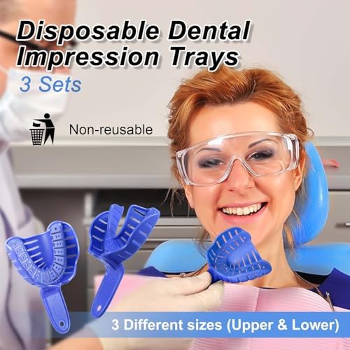 Annhua 3 Sizes Dental Impression Tray for Adults/Children, 6 PCS Perforated Disposable Teeth Impression Trays Upper and Lower (Blue)