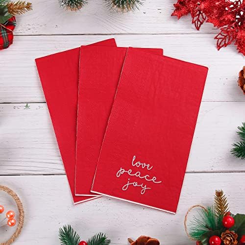 Quera 100 Pack Christmas Paper Napkins 4.38'' X 7.88'' Joy Peace Love Disposable White Decorative Table Napkin for New Year Winter Dinner Merry Christmas Holiday Xmas Decor Party Supplies red white