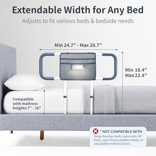 Bed Rails for Elderly Adults Safety Extended Side Assist Grab Bar Handrails for Seniors Adjustable Bed Cane with Motion Sensor Light Bed Guard Handle Bedside Railing, Fit King Queen Full Twin