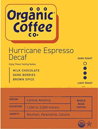 Organic Coffee Co. DECAF Hurricane Espresso Whole Bean Coffee 2LB (32 Ounce) Medium Dark Roast Natural Water Processed Decaffeinated USDA Organic
