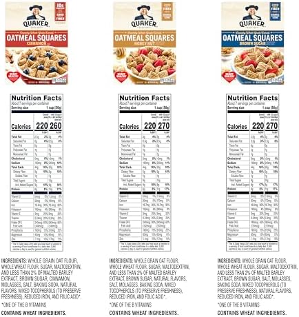 Quaker Oatmeal Squares Crunchy Whole Grain Breakfast Cereal Variety pack, 14.5 Oz Boxes (Pack of 3)