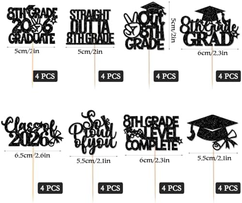 32 Pieces 8th Grade Grad Cupcake Toppers Black Glittery Eighth Grade Graduation Cupcake Decorations Class of 2026 Peace out 8th Grade Cupcake Picks for Middle School Grad Party Cupcake Decorations