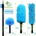 EVERSPROUT 5-to-12 Foot Duster 3-Pack with Extension-Pole (20+ Foot Reach) | Hand-packaged Cobweb Duster, Microfiber Feather Duster, Flexible Microfiber Ceiling & Fan Duster | Aluminum Telescopic Pole