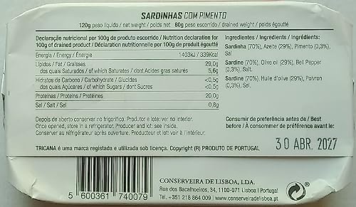 Ticana Portugal - Gourmet Canned whole Sardine with bell pepper - 4.23oz / 120gr (Pack of 5 cans)