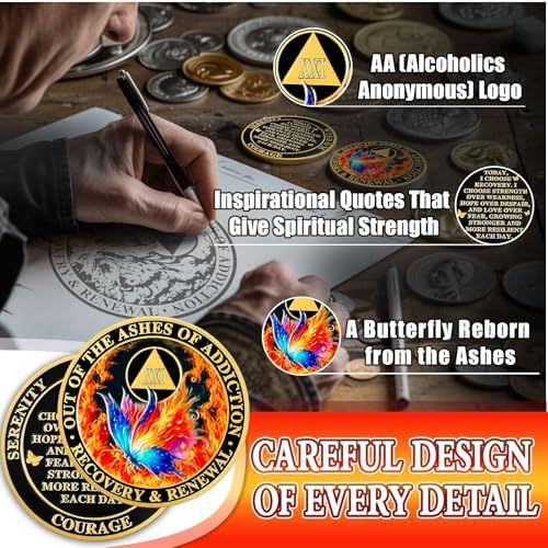 Butterfly in the Fire 21 Year Sobriety Coin, Recovery & Renewal AA Medallion - Celebrating Recovery Anniversary Tokens, Alcohol Free Sobriety Gifts for Women Men