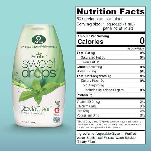 SweetLeaf Sweet Drops - Flavored Liquid Sweetener, Stevia Extract, Zero Calories, Gluten Free, Keto Friendly, Non GMO, Natural Flavors, Sugar Alternative - Stevia Clear, 1.7 Fl Oz (Pack of 1)