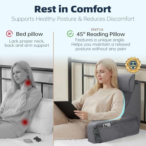 ENITYA 19" Back Support Pillow,Reading Pillow with Attached Arms & Large Pockets, Removable Washable Cover, Wedge for Sitting,Reclining,Watching TV,Post Surgery in Bed,Couch or Floor,Medium Firm,Grey