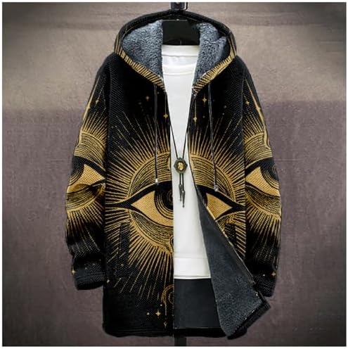 Mens Hooded Cardigan Graphic Long Fleece Hooded Lined Zip Up Knit Coat with Pockets Fashion Hoodie Warm Jacket