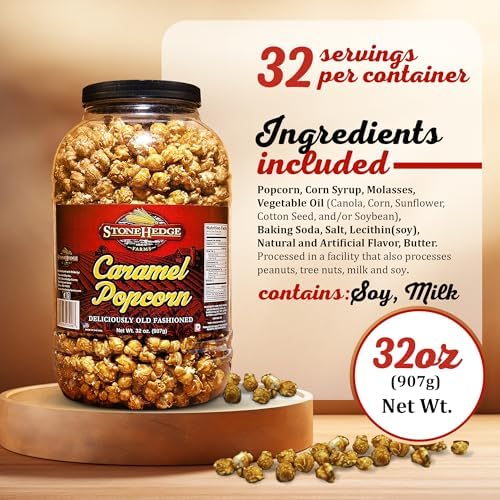 Stonehedge Farms Caramel & Butter Toffee Flavored Popcorn Variety Pack | 32 oz Tubs (Pack of 2) | Perfect for Holidays and Christmas | Reclosable Barrels | Bulk Popped Carmel Pop Corn