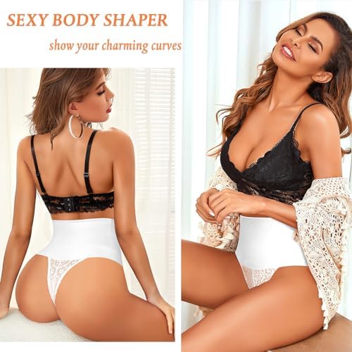 Werena Tummy Control Thong Shapewear for Women Mid High Waisted Body Shaper Underwear Lace Shaping Thong Girdle Panties