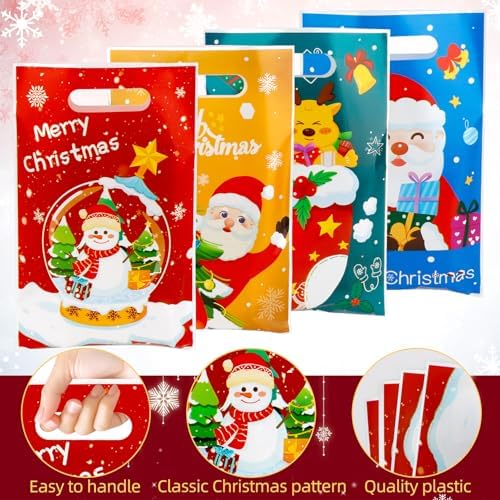 Christmas Treat Bags with Handles, 60 PCS Christmas Goodie Bags, Xmas Gift Bag, Plastic Snowman Santa Claus Candy Goody Cookie Snack Bag Holiday Party Favor Bag for Xmas Winter Party Favor Supplies