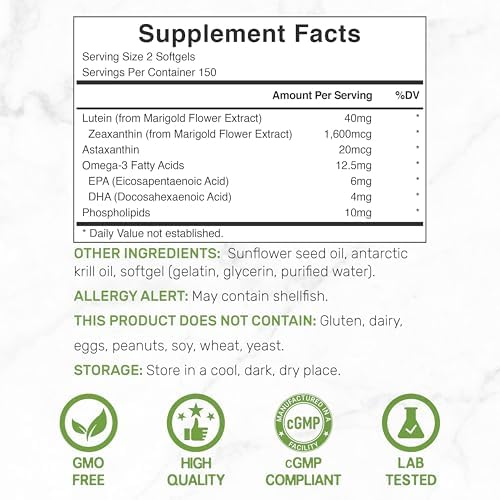 Lutein and Zeaxanthin Supplements, 40mg Per Serving, 300 Softgels – Plus Astaxanthin, Omega-3s, & Phospholipids – Non-GMO