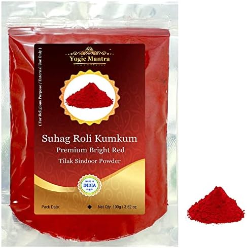 Yogic Mantra Suhag Roli Kumkum Powder (100g Resealable Pouch) Premium Bright Red Color Sindoor Ceremonial Mark - Hindu Pooja, Bridal Sindur Tilak, Suhag Tikka, Indian Rakhi & Puja Religious Ceremony