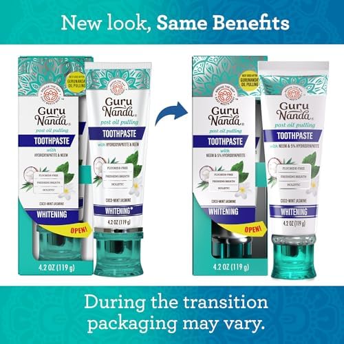 GuruNanda Hydroxyapatite Toothpaste with Neem, SLS & Fluoride Free, Whitening Toothpaste with Tongue Scraper & Squeezer - Freshens Breath, Fights Plaque - Natural CocoMint Jasmine, 4.2oz
