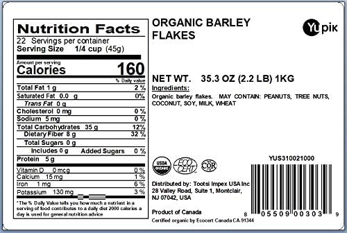 Yupik Organic Barley Flakes, 2.2 lb, Non-GMO, Vegan (Pack of 2)