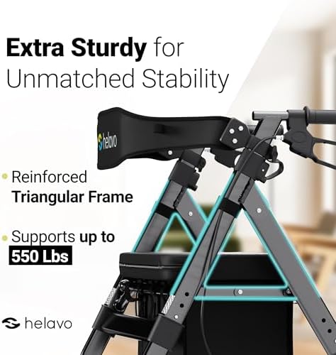 Helavo Bariatric Walker with Large, Height-Adjustable Seat, 550 lbs Weight Capacity, All Terrain 8-inch Wheels, 28-inch Wide - Extra Wide Heavy Duty Rollator for Seniors
