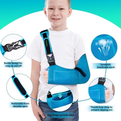 Arm Sling for Kids - Adjustable Breathable Shoulder Immobilizer with Pockets,Supports Rotator Cuff Injury,Wrist,Elbow,Clavicle Fracture Recovery,Post-Surgery Sling for Left or Right Arm(Blue,Small)