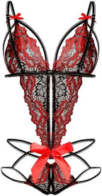 Donnalla Women's Deep V Lace Teddy One Piece Lingerie Cutout Strappy Lingerie