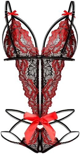 Donnalla Women's Deep V Lace Teddy One Piece Lingerie Cutout Strappy Lingerie
