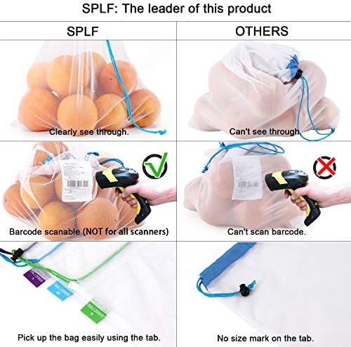SPLF 12 Pcs Heavy Duty Reusable Mesh Produce Bags, Barcode Scanable See Through Food Safe Mesh Bags with Drawstring for Fruits, Vegetable, Food, Toys, Grocery Storage, Large Medium Small