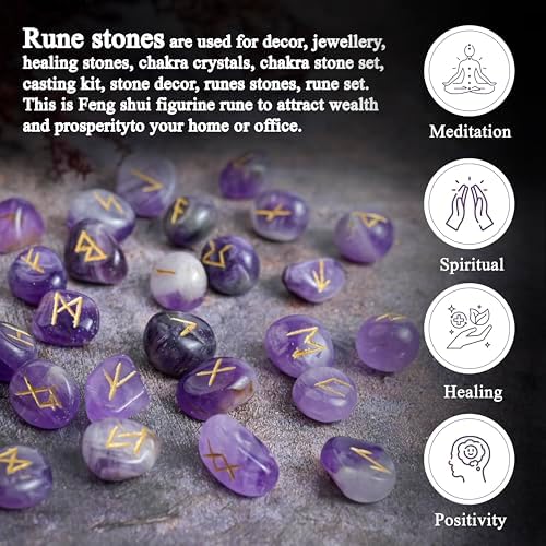Crocon Amethyst Gemstone Rune Stones Set with Elder Futhark Alphabet Engraved Symbol 25 pcs Set for Feng Shui Chakra Balancing Reiki Healing Crystal Runes Stones Set Size: 15-20 mm