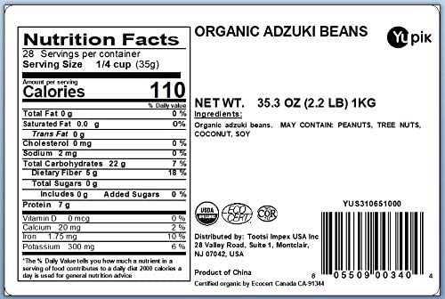 Yupik Organic Adzuki Beans, 2.2 lb (35.2 oz), Non-GMO, Vegan & Gluten-Free, USDA Certified, Kosher, Mildly Nutty Flavour, Ideal for Soups, Stews & Casseroles