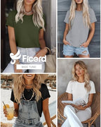 Ficerd 4 Pack Women's Cotton T Shirts Casual Short Sleeve Tunic Tops Crewneck Plain Summer Loose Fit Rolled Sleeve Basic Tee