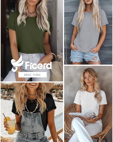 Ficerd 4 Pack Women's Cotton T Shirts Casual Short Sleeve Tunic Tops Crewneck Plain Summer Loose Fit Rolled Sleeve Basic Tee