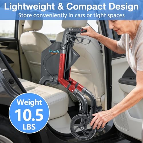 3 Wheel Walkers for Seniors with Bag and Hand Brakes, Lightweight Foldable Rollator with Swivel Front Wheel, Adjustable Height, Compact Mobility Aid for Elderly, Indoor Outdoor Use (Red)