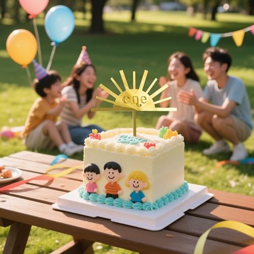 Sun One 1st Birthday Cake Topper - Gold Glitter Acrylic Cake Decor for Baby Showers, Gender Reveals & Photo Booth Props