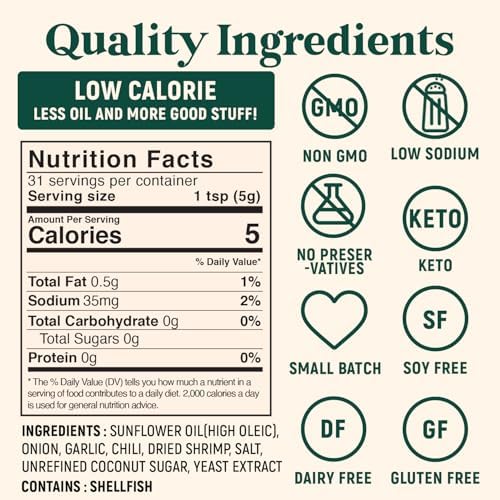 Homiah Sambal Chili Crunch, Shrimp, 6oz - Less Oil Low Sodium Gluten Free Non-GMO, Sambal Oelek Chili Paste, Shrimp Paste, Crispy Crunch Topping – Mild