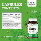 Wild & Organic Sage Capsules - Brain & Digestive Support - 1000 mg Sage Leaves per Serving - 30 Days of Supply - Salvia Officinalis Supplement - 60 Vegan Capsules - Non-GMO, Gluten-Free, No Fillers