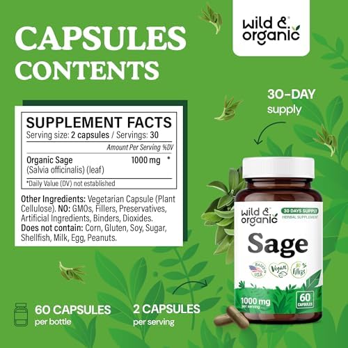 Wild & Organic Sage Capsules - Brain & Digestive Support - 1000 mg Sage Leaves per Serving - 30 Days of Supply - Salvia Officinalis Supplement - 60 Vegan Capsules - Non-GMO, Gluten-Free, No Fillers