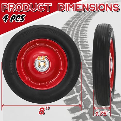 4 Pack Solid Rubber Tires, 8 Inch Flat Free Hand Truck Replacement Wheels with Ball Bearing 1/2-Inch Bore Axle Hole, Heavy Duty Garden Carts Replacement Tires for Wheelbarrow, Wagon (Black Red)