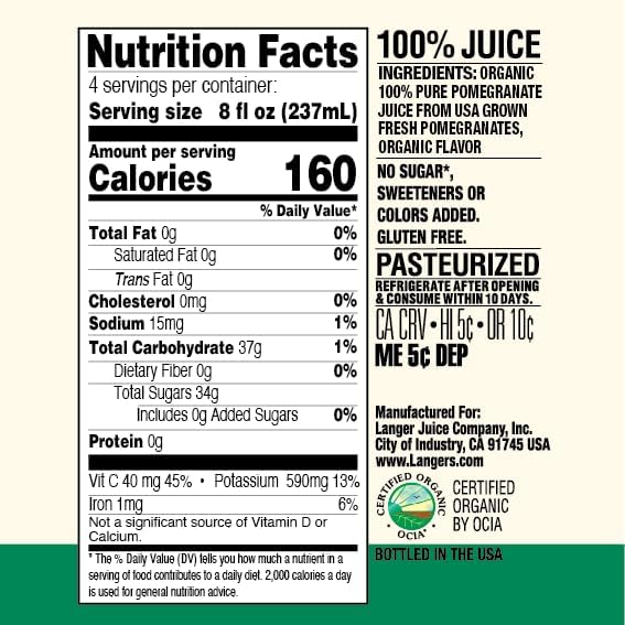 Langer Farms Organic Fresh Pressed Pomegranate, 100% Juice, Not from Concentrate, 32 fl oz