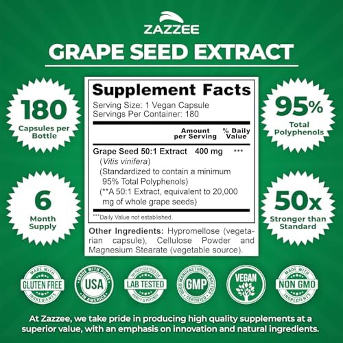 Zazzee High Strength Grape Seed 50:1 Extract, 180 Vegan Capsules, 95% Polyphenols, 400 mg per Capsule, 6 Month Supply, Antioxidant, Circulation & Blood Flow Support, Non-GMO, Made in the USA