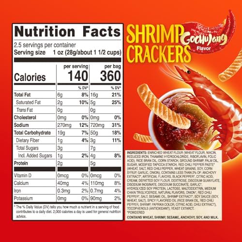 Nongshim Shrimp Crackers, Gochujang Flavor, Crispy Baked Korean Snack, 2.64 oz Bags (Pack of 20)