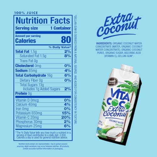 Vita Coco Organic Coconut Water, Extra Coconut | More "Coconutty Flavor" | Hydrating Electrolytes | Vital Nutrients | 11.1 Fl Oz (Pack of 12)