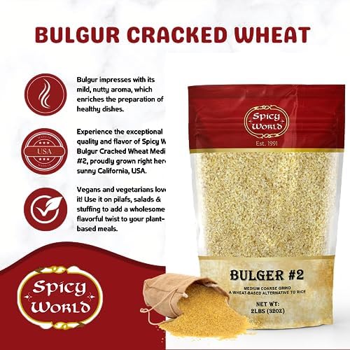 Bulgur Cracked Wheat Medium Coarse #2, 2 LB Bag (32oz) | USA Grown Bulgar Wheat for Tabouleh | 100% Natural & Pure | Great for Vegan Recipes by Spicy World