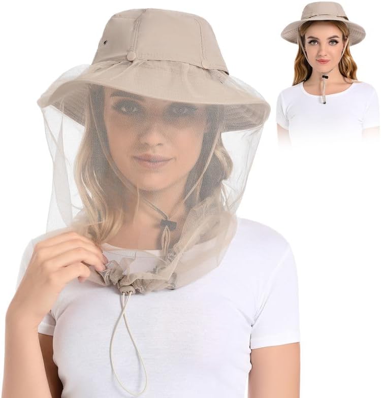 Mosquito Head Net Hat - Bug Cap UPF 50+ Sun Protection with Hidden Netting for Beekeeping Hiking Women