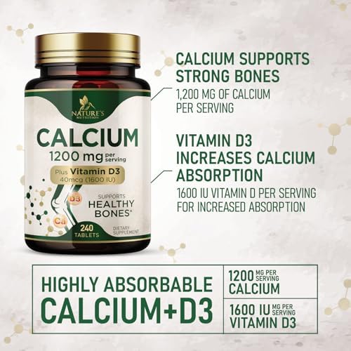 Calcium 1200 mg with Vitamin D3 - Per Serving - Bone Health Supplement - Vitamin D & Calcium Supplements for Women & Men - Bone Strength Support - Natural Calcium Pills - Bottled in USA - 240 Tablets